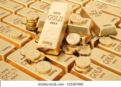 Gold Bars And Gold Coins.