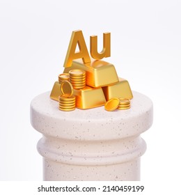 Gold bars with coins and lettering Au on a stone column. 3d illustration of a commodity