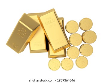 Gold Bars And Coins On White Top View. 3D Illustration 