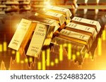 Gold bars. Growth rate in prices for precious metals. Golden background. Gold bars with markings. Growth in investment income. Pure 999 gold. Golden backdrop. Investments, trading. 3d image