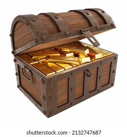 Gold Bars Or Ingots Are Placed In A Treasure Chest. Box Is Made Of Old Rusty Metal Wood, There Is A Treasure Inside Is A Gold Bar. The Most Popular Assets In The Collection Of Investors. 3D Rendering.