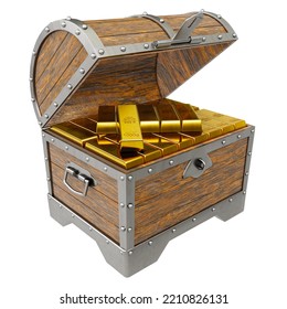 Gold Bars Or Ingots Are Placed In A Treasure Chest. Box Is Made Of Old Rusty Metal Wood, There Is A Treasure Inside Is A Gold Bar. The Most Popular Assets In The Collection Of Investors. 3D Rendering.