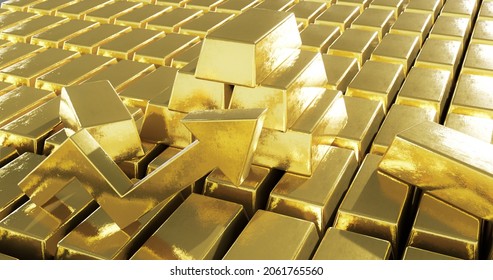 Gold Bars Stock Market, Gold Arrow Chart Stream Up Commodity Trade Background. 3d Render Gold Bar.