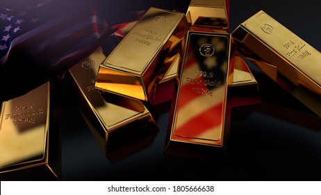 Gold bars in the USA. Golden ingots on dark background with the American flag laying in background. Investing, reserve and hard money concept. 3d render illustration.