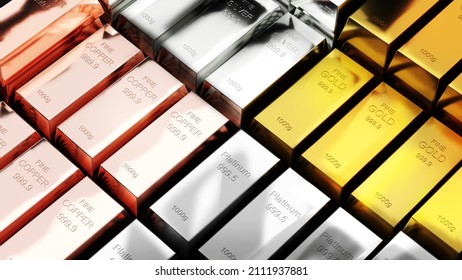 Gold Bars,silver,copper,platinum,1000 Grams Pure Metal,business Investment And Wealth Concept.wealth Of Commodity ,3d Rendering