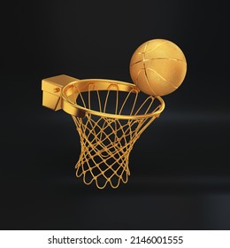 Gold Basketball Rim With A Ball Floating On A Black Background, 3d Render