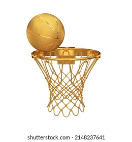 Gold Basketball Rim With A Ball Side View On A White Background, 3d Render