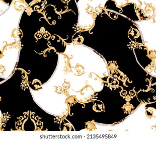 Gold Beautiful Ornament Baroque Seamless Pattern Illustration. Fabric Motif Texture Repeated. Golden Elements Victorian With Floral Elements And Black Background With White Shapes.