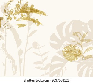 Gold Beige Cream Botanical Chic Pattern With Tropical Leaves. Trendy Foil Glitter Texture Background