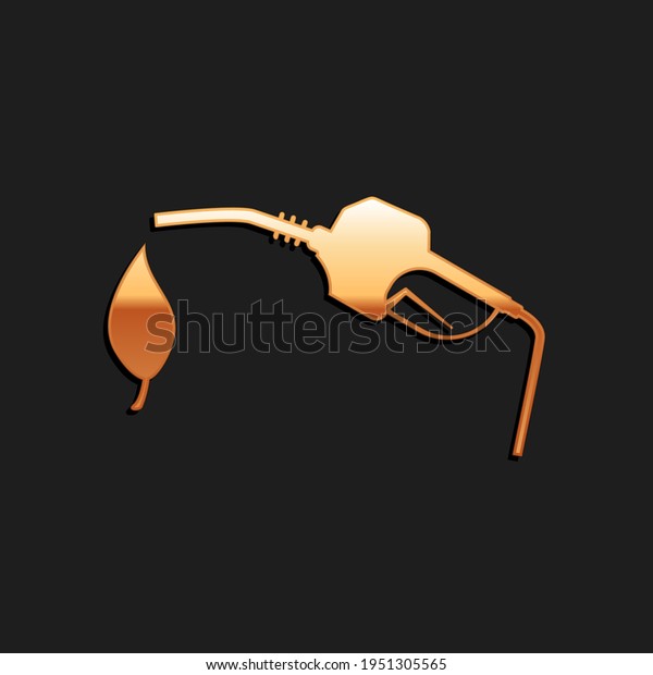 Gold Bio fuel concept with fueling\
nozzle and leaf icon isolated on black background. Natural energy\
concept. Gas station gun sign. Long shadow\
style.