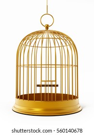 Gold Bird Cage Isolated On White Background. 3D Illustration.