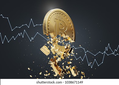 Gold bitcoin falling apart. A graph is crashing it. Concept of a cryptocurrency market crisis. A black background. A side view. 3d rendering mock up