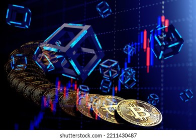 Gold Bitcoins With Blue Illuminated Black Cubes And Candle Stick Graph Chart Background. Concept 3D CG Of New Virtual Money, Mining Or Block Chain Technology And Transactions Network.