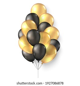 Gold Black Balloons. 3d Realistic Happy Holidays Flying Air Helium Ballon Mock Up. Black Friday New Year Birthday Party Poster Card Design