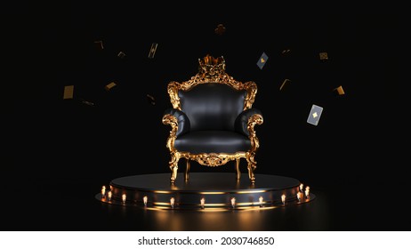 Gold Black Bergere, Play Cards Flying In The Dark Behind A Gold Black Bergere 3d Rendering