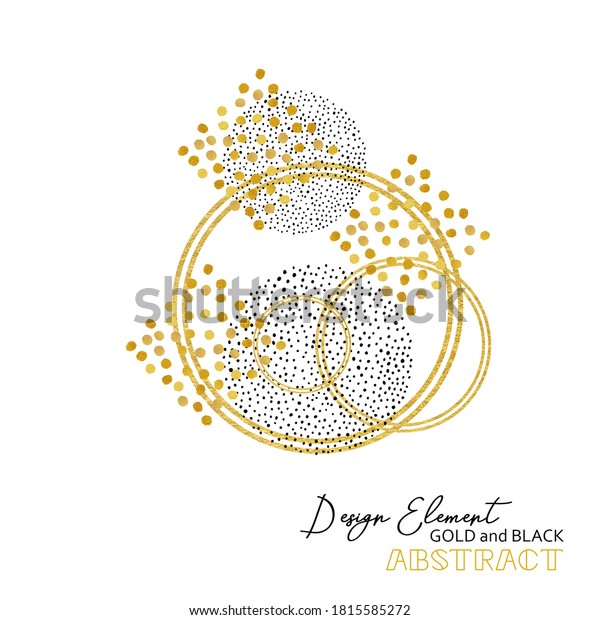 Gold and black design element with abstract\
diamond pattern shapes or form, black spots in circles and gold\
rings layered in modern art style decoration for borders and corner\
layouts and\
presentation