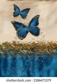 Gold Blue Butterfly Luxury Abstract Art Painting Modern Wall Art