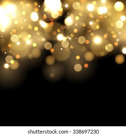 Gold Bokeh Lights On Black Background. Holiday Background Made With Gold Shiny Sparkles.