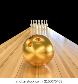 gold bowling ball and skittles on the line. 3d render