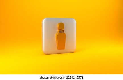 Gold Bowling Pin Icon Isolated On Yellow Background. Silver Square Button. 3D Render Illustration.