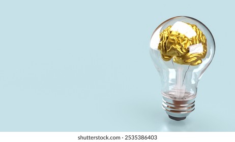 Gold Brain in light bulb for sci and education or Business concept 3d rendering.