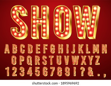 Gold Bulb Light Font. Glowing Retro Alphabet Letter, Numbers And Marks Collection With Shiny Bright Lights. ABC Design On Dark Red Background For Cinema, Broadway And Night Club  Illustration