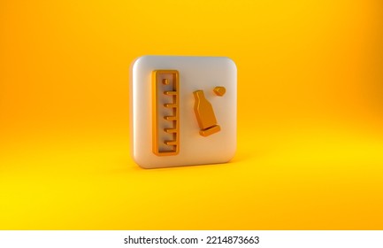 Gold Bullet Casing As A Piece Of Evidence Placed With Forensic Ruler For Documentation Icon Isolated On Yellow Background. Concept Of Crime Scene. Silver Square Button. 3D Render Illustration.