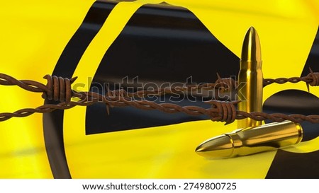 gold bullets behind rusty barbed wire with radioactive warning symbol representing nuclear threat military danger weapons risk security crisis and global conflict concept