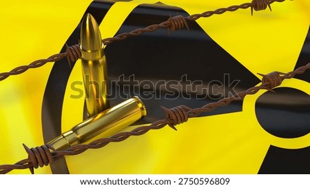 gold bullets behind rusty barbed wire with radioactive warning symbol representing nuclear threat military danger weapons risk security crisis and global conflict concept