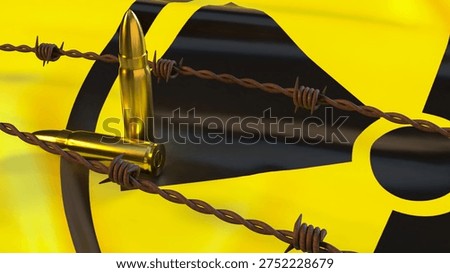 gold bullets behind rusty barbed wire with radioactive warning symbol representing nuclear threat military danger weapons risk security crisis and global conflict concept