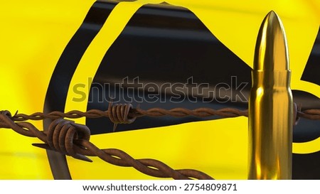 gold bullets behind rusty barbed wire with radioactive warning symbol representing nuclear threat military danger weapons risk security crisis and global conflict concept