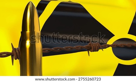 gold bullets behind rusty barbed wire with radioactive warning symbol representing nuclear threat military danger weapons risk security crisis and global conflict concept