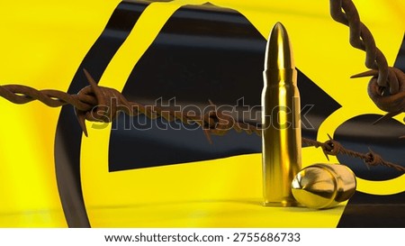 gold bullets behind rusty barbed wire with radioactive warning symbol representing nuclear threat military danger weapons risk security crisis and global conflict concept