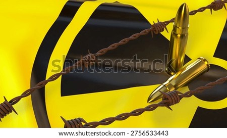 gold bullets behind rusty barbed wire with radioactive warning symbol representing nuclear threat military danger weapons risk security crisis and global conflict concept