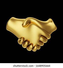 Gold business handshake emoji isolated on black background. Partnership and agreement symbol. Minimal design art. 3d illustration.