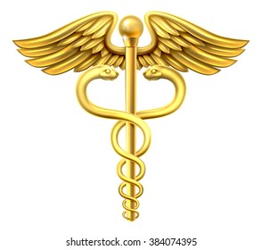 A Gold Caduceus Medical Symbol Or Symbol For Commerce Featuring Intertwined Snakes Around A Winged Rod
