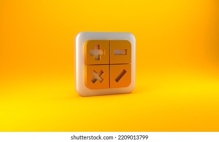 Gold Calculator Icon Isolated On Yellow Background. Accounting Symbol. Business Calculations Mathematics Education And Finance. Silver Square Button. 3D Render Illustration.