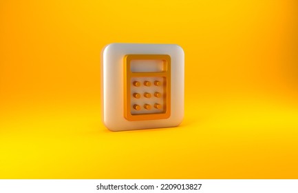 Gold Calculator Icon Isolated On Yellow Background. Accounting Symbol. Business Calculations Mathematics Education And Finance. Silver Square Button. 3D Render Illustration.