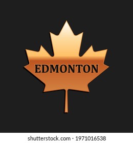 Gold Canadian Maple Leaf With City Name Edmonton Icon Isolated On Black Background. Long Shadow Style.