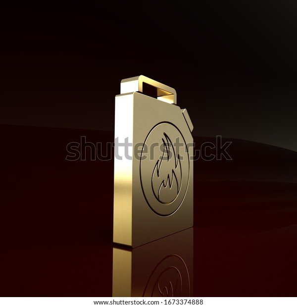 Gold\
Canister for flammable liquids icon isolated on brown background.\
Oil or biofuel, explosive chemicals, dangerous substances.\
Minimalism concept. 3d illustration 3D\
render