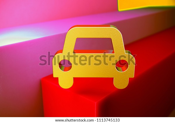 Gold Car Icon on\
the Candy and Orange Geometric Background. 3D Illustration of Gold\
Car, Transportation, Travel, Vehicle Icon Set With Color Boxes on\
Candy Background.