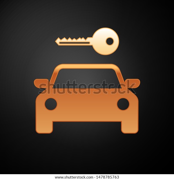Gold Car rental icon isolated on black background.\
Rent a car sign. Key with car. Concept for automobile repair\
service, spare parts\
store