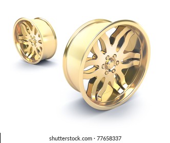 Gold Car Rims Concept. Isolated On White