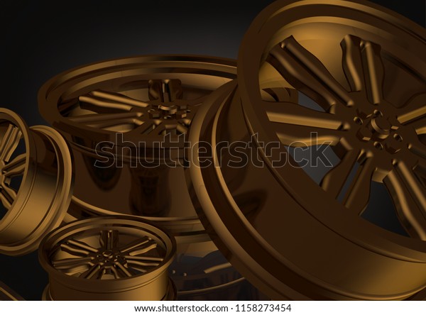Gold car\
wheels on a black background. 3D\
rendering