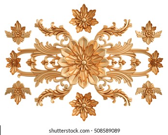 Gold Carved Ornament On A White Background. Isolated. Isolated. 3D Illustration