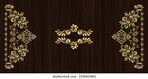 Gold Carving Design Dark Wooden Base Background.3D Illustration 