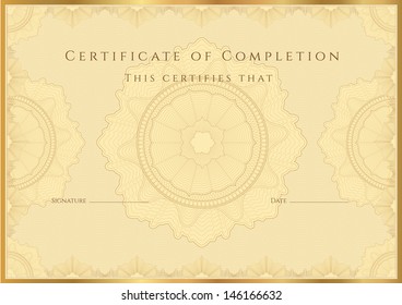 Gold Certificate of completion (template or sample background) with guilloche pattern (watermark), borders. Design for diploma, invitation, gift voucher, official, awards (winner). Vector in Portfolio - Powered by Shutterstock - Get 15% off with code: PIKWIZARD15