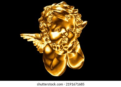 Gold Cherub Angel Statue On Black Background. 3D