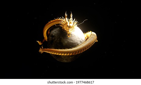 Gold chinese dragon pose around the moon and star in background with 3d rendering.