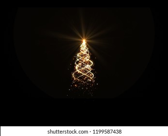 Gold Christmas Tree Lights With Snowflakes And Stars On Black Background For Overlay.